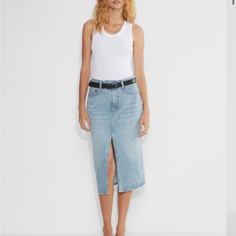 Aritzia Halle 90s Light Wash Midi Denim Skirt with Front Slit